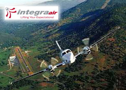 Photo of an airplane and Integra Air's logo
