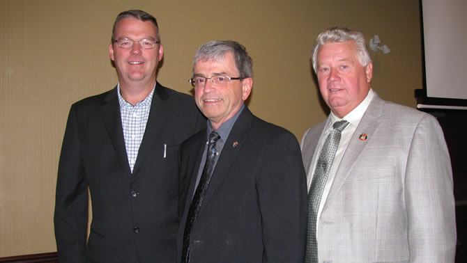 Cranbrook Mayor Lee Pratt, (right) Dave Struthers, Chamber president (left) and accountant Trent Taylor (center) at the recent Cranbrook Chamber of Commerce luncheon
