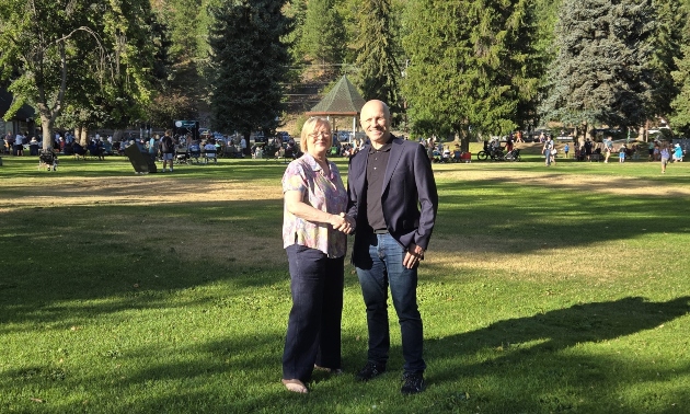 Skills Centre Executive Director Morag Carter, former LCCDTS board chair, joins Brent Anhel, LCIC board chair at the park