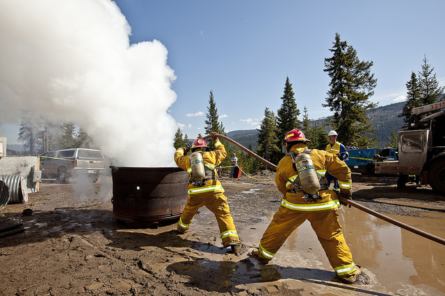 Elkview Operations mine rescue members display their firefighting skills in the East Kootenay Mine Rescue Zone Competition 2010, Regional Mine Rescue in Elkford, BC, Canada.