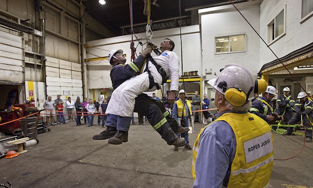 Steve Kallies competing for Elkview Operations in a ropes task, 2010 Regional Mine Rescue in Elkford, BC, Canada 