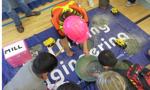 children working on a poster on the floor 