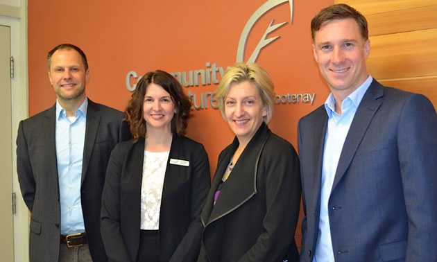 From left to right: Michael Hoher, Export Advisor, Andrea Wilkey, Executive Director Community Futures Central Kootenay, Allison Boulton, Program Manager, Export Navigator Program, and David Coburn, Manager of Strategy and Policy, Ministry of International Trade.
 