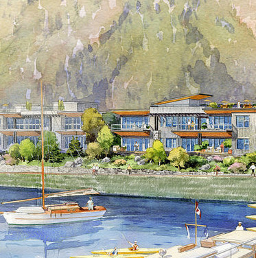 An artist rendition Nelson Landing with the marina in the forground. 