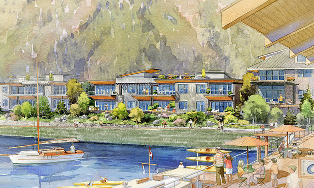 An artist rendition Nelson Landing with the marina in the forground. 