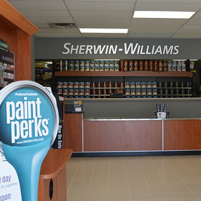 Picture of the newly redone Sherwin-Williams store showing the front desk. 