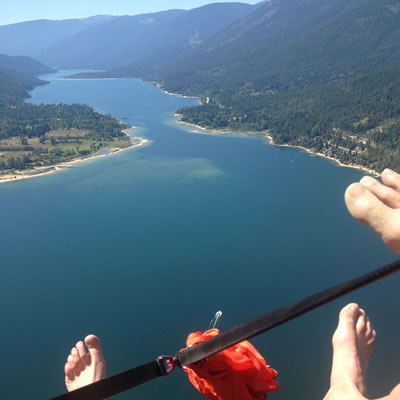 A bird's-eye view of Kootenay Lake from a paraglider. 