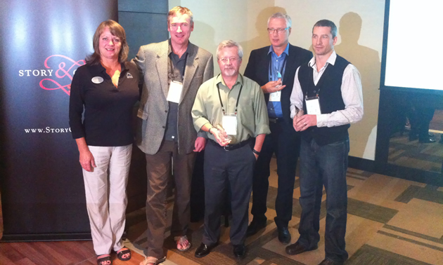 Wendy Van Puymbroeck, of Kootenay Rockies Tourism, Jim Barr of Seeker Media, Kevin Weaver of the City of Cranbrook, Pacific Coastal's Kevin Boothroyd, and Tristan Chernove of the Canadian Rockies International Airport