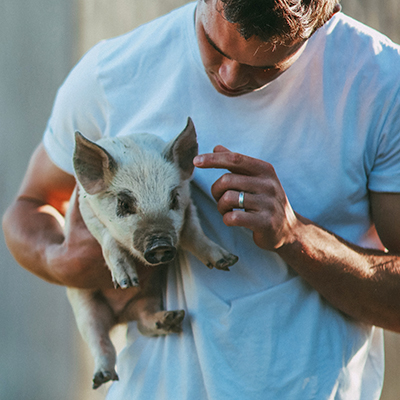 Kieran Poznikoff holding a piglet. 