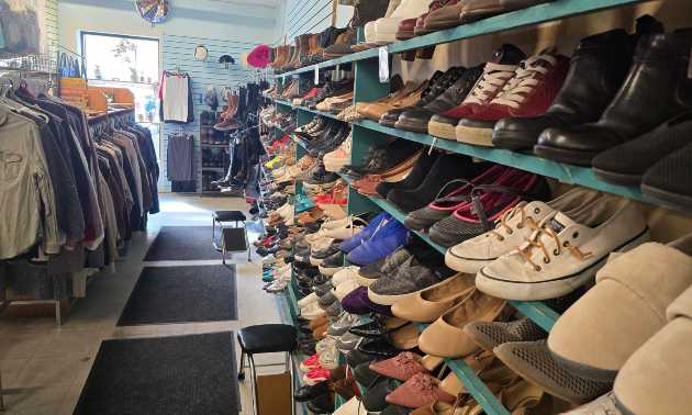 Shoes lined up on shelves