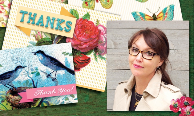 Picture of a woman in glasses pasted on a greeting card background