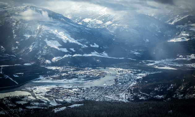 An aerial view of winter in Revelstoke. 