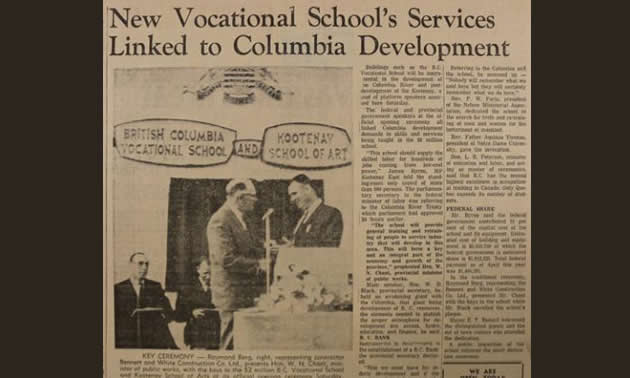 Newspaper featuring the opening of the BC Vocational School (now Selkirk College's Silver King Campus) in 1964