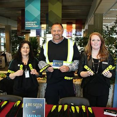 Celgar BE SEEN campaign team members (L-R) Sandy Hinter, Mark Goebel and Rose Leslie visited the Selkirk College Castlegar Campus at the end of October to talk to students and staff about safety on area roadways. 
