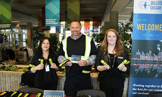 Celgar BE SEEN campaign team members (L-R) Sandy Hinter, Mark Goebel and Rose Leslie visited the Selkirk College Castlegar Campus at the end of October to talk to students and staff about safety on area roadways. 