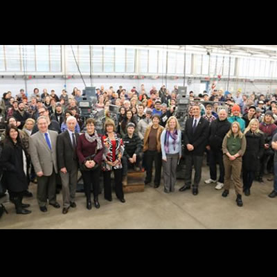 Selkirk College staff and students gathered in the Silver King Campus Millwright/Machinist Program shop to celebrate the announcement of $14.2 million in funding from the Provincial Government for the renewal, replacement and demolition of existing buildings at the 50-year-old campus in Nelson.