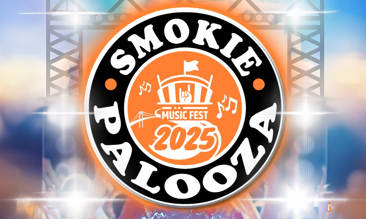 Smokiepalooza logo, in black, orange and white