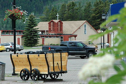 Vintage rail car filled with coal in downtown Sparwood