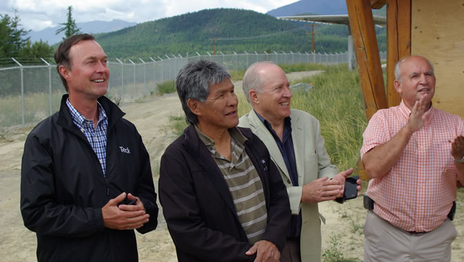 Don Linday, Teck CEO; Jim Whitehead, Chief of Ktunaxa; Rick Jense, Director Columbia Basin Trust; Bill Bennett, BC Minister of Energy and Mines applaud the official 