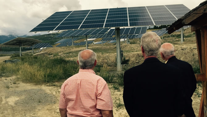 BC Mines and Energy Minister Bill Bennett, Kimberley mayor Don McCormick and EcoSmart CEO Michel de Spot watch as the new solar panels come to life at the Kimberley SunMine.