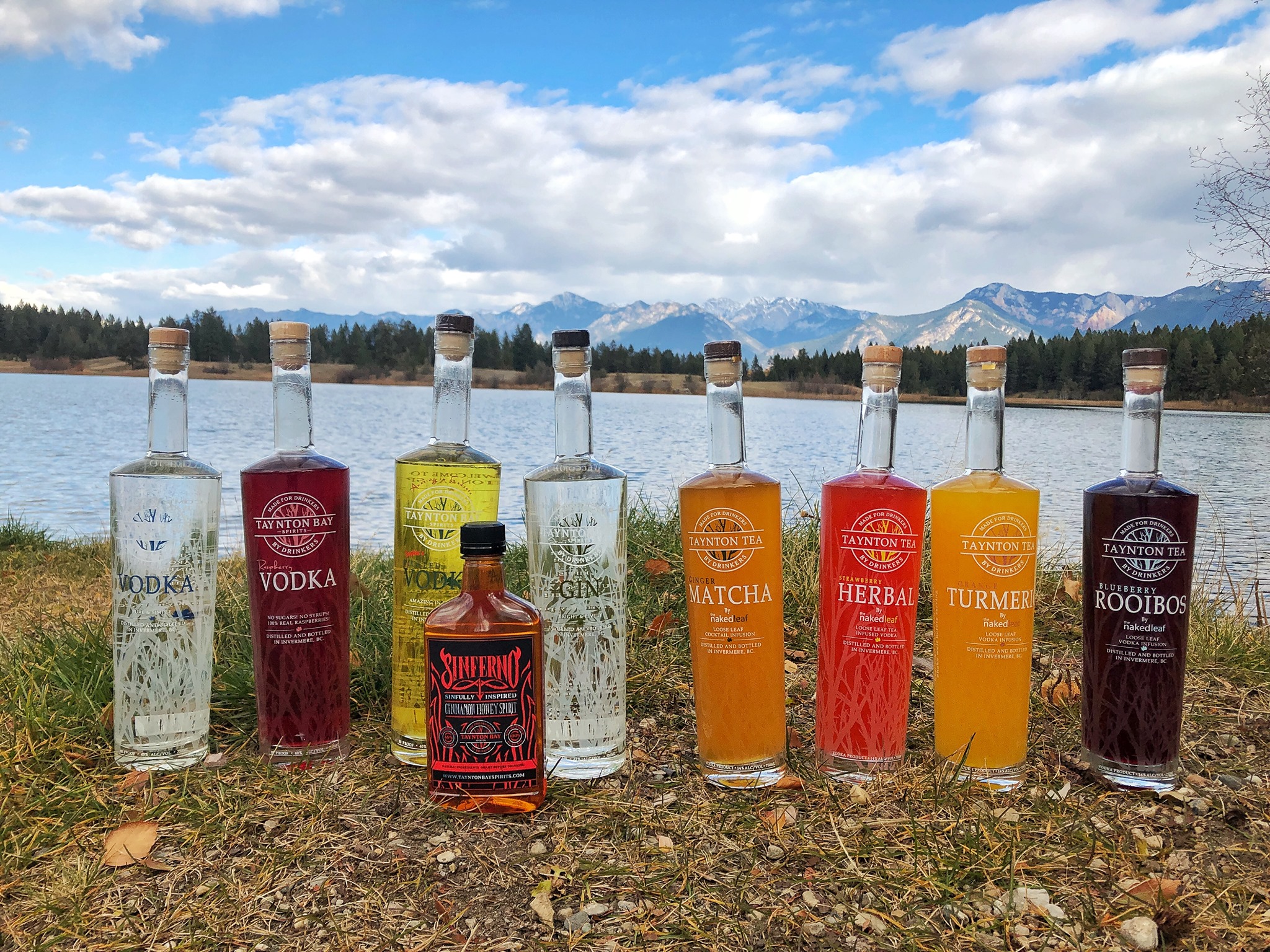 Line-up of Taynton Bay bottle on beach. 