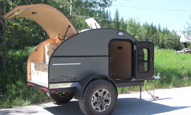 Northern Teardrop trailer with hatch open. 