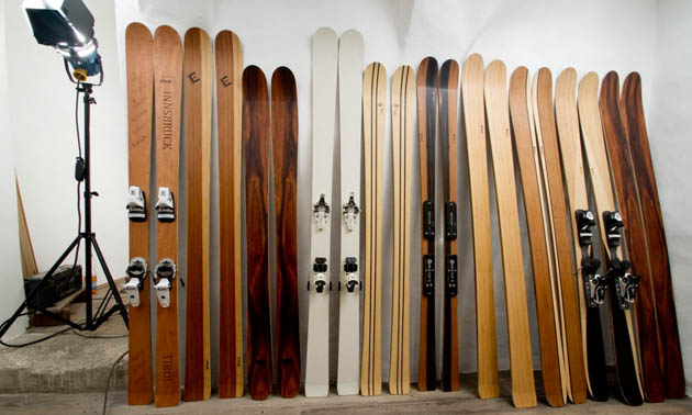 Row of skis at Thoroughbred Skis. 