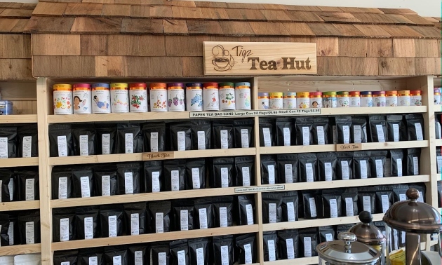 shelves with packages of tea