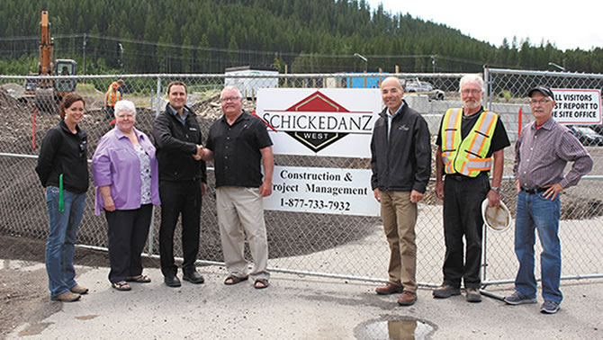 (From left to right) Sparwood Councillors Jenna Jensen and Lois Halko, Mark Nelson, Tim Horton's franchise owner, Sparwood Mayor Cal McDougall, Shickedanz West's  Roland Kraemer  and Ken Willimont, Construction Manager and Sparwood Councillor Brad Bowen.