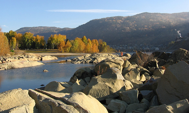 Rocks are in the foreground of a river, autumn trees and a community at Trail, B.C.'s, Gyro Park.
