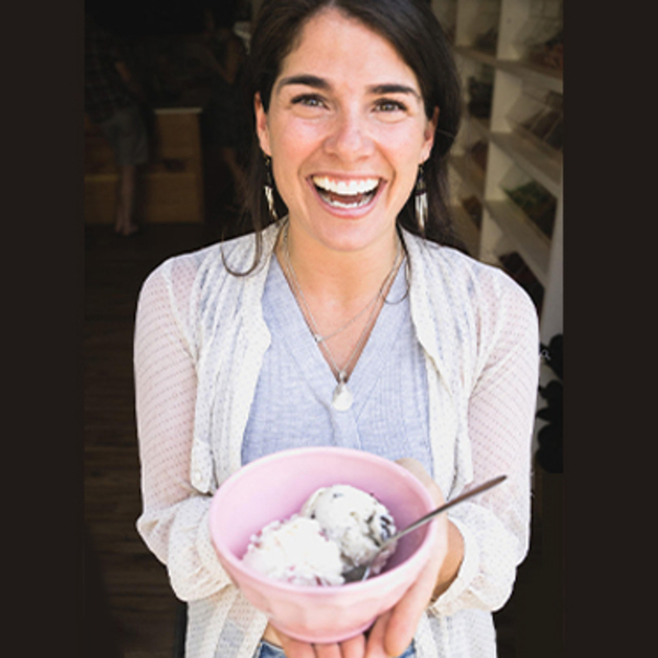 Amy Orlando, owner of the Revelstoke Sugar Shack, holding a bowl of ice cream