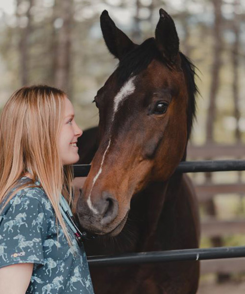 Cali Emel looking at brown horse and horse is looking at her. 