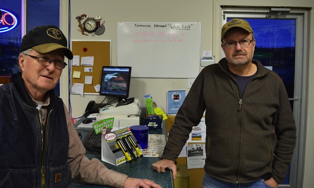 Steve Wilson, right, owner of Wasa Hardware, with salesman Jim Westwood.