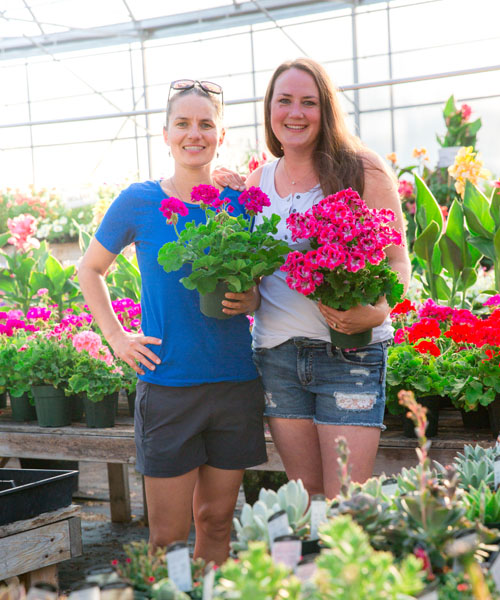 Lin Egan (left) and her sister Anna Steedman standing in garden centre holding flowers. 