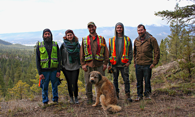 Mineral Mountain Ziplines and Fairmont Hot Springs Resort team up for construction of a new 6-track zipline course. Left-Right: Brad Haga, Rachel Dick, Jay Manton, Mike Lamberton, Justin Keitch.